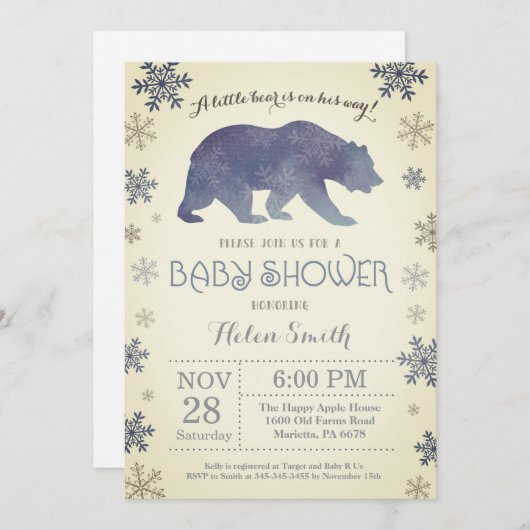 Polar Bear Winter Blue Boy Baby Showflake Einladung (Vorne/Hinten)