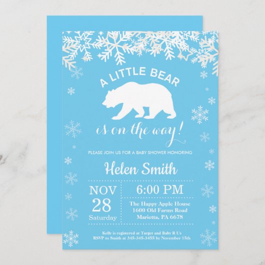 Polar Bear Winter Blue Boy Babydusche Schneeflocke Einladung (Vorne/Hinten)