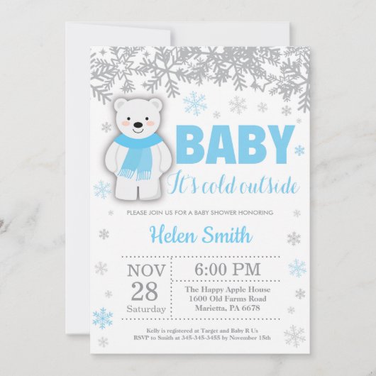 Polar Bear Winter Blue Boy Babydusche Schneeflocke Einladung (Vorderseite)