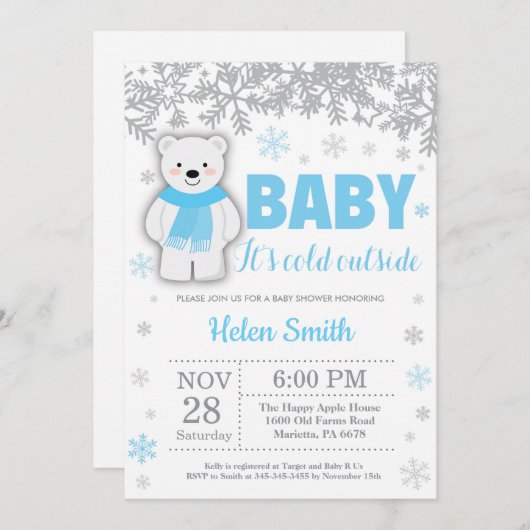 Polar Bear Winter Blue Boy Babydusche Schneeflocke Einladung (Vorne/Hinten)