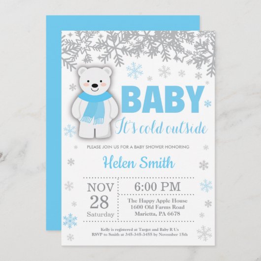 Polar Bear Winter Blue Boy Babydusche Schneeflocke Einladung (Vorne/Hinten)