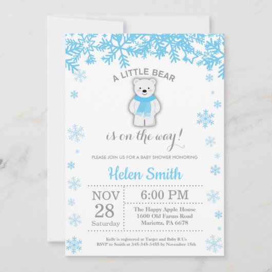 Polar Bear Winter Blue Boy Babydusche Schneeflocke Einladung (Vorderseite)