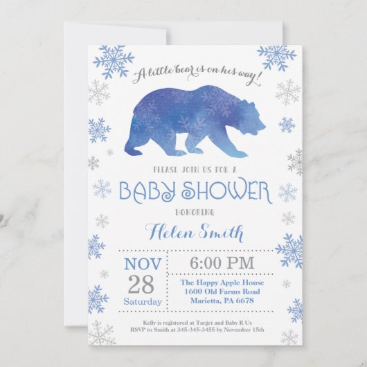 Polar Bear Winter Blue Boy Babydusche Schneeflocke Einladung (Vorderseite)