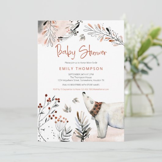 Polar Bear Winter Foliage Burnt Orange Babydusche Einladung (Stehend Vorderseite)