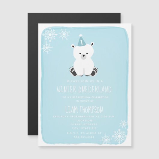 Polar Bear Winter Onederland Blue 1. Geburtstag Magneteinladung (Vorne/Hinten)