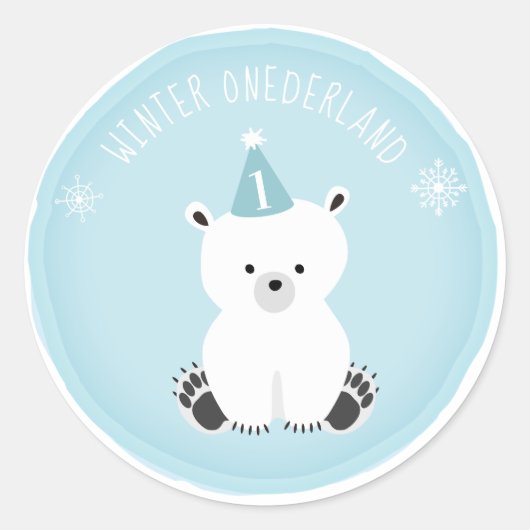 Polar Bear Winter Onederland Blue Birthday Runder Aufkleber (Vorderseite)