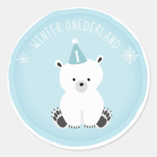 Polar Bear Winter Onederland Blue Birthday Runder Aufkleber