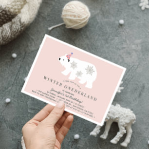 Polar Bear Winter Onederland Pink 1. Geburtstag Einladung