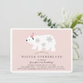 Polar Bear Winter Onederland Pink 1. Geburtstag Einladung (Stehend Vorderseite)