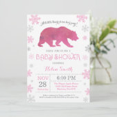 Polar Bear Winter Pink Girl Babydusche Schneeflock Einladung (Stehend Vorderseite)
