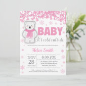 Polar Bear Winter Pink Girl Babydusche Schneeflock Einladung (Stehend Vorderseite)