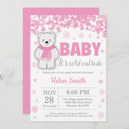Polar Bear Winter Pink Girl Babydusche Schneeflock Einladung (Vorne/Hinten)