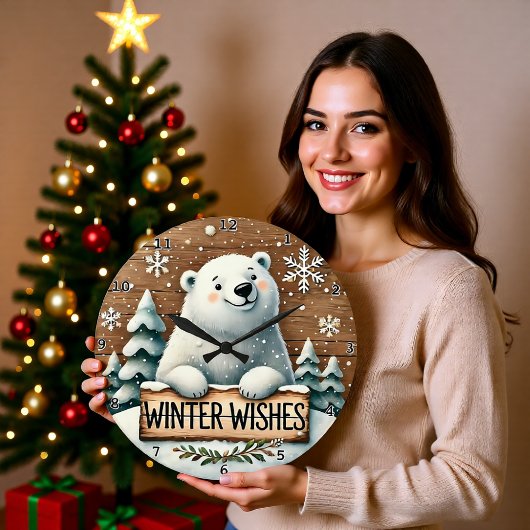 Polar Bear Winter Wishes Große Wanduhr