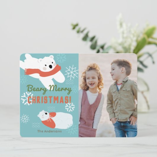 Polar Bears Beary Frohe Weihnachtsfotokarte Einladung (Stehend Vorderseite)