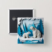 Polar Bears Papercraft Scene in Blue Arctic Forest Button (Vorne & Hinten)