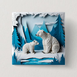 Polar Bears Papercraft Scene in Blue Arctic Forest Button