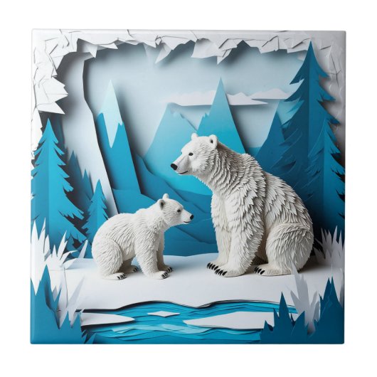 Polar Bears Papercraft Scene in Blue Arctic Forest Fliese (Vorderseite)
