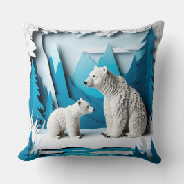 Polar Bears Papercraft Scene in Blue Arctic Forest Kissen
