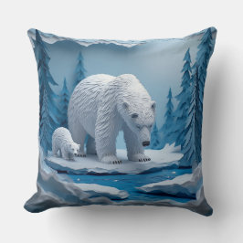 Polar Bears Papercraft Scene in Blue Arctic Forest Kissen