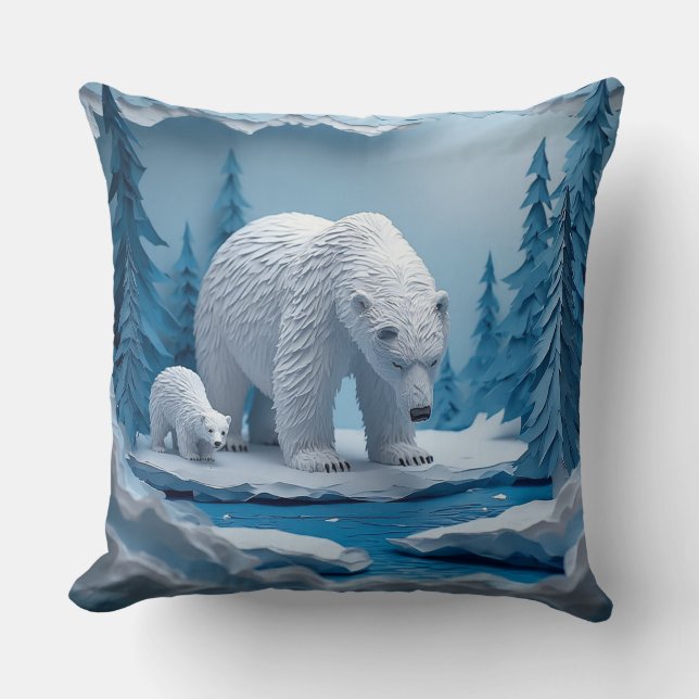 Polar Bears Papercraft Scene in Blue Arctic Forest Kissen (Vorderseite)