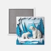 Polar Bears Papercraft Scene in Blue Arctic Forest Magnet (Vorderseite/Rückseite)