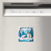 Polar Bears Papercraft Scene in Blue Arctic Forest Magnet (In Situ (Geschirrspüler))