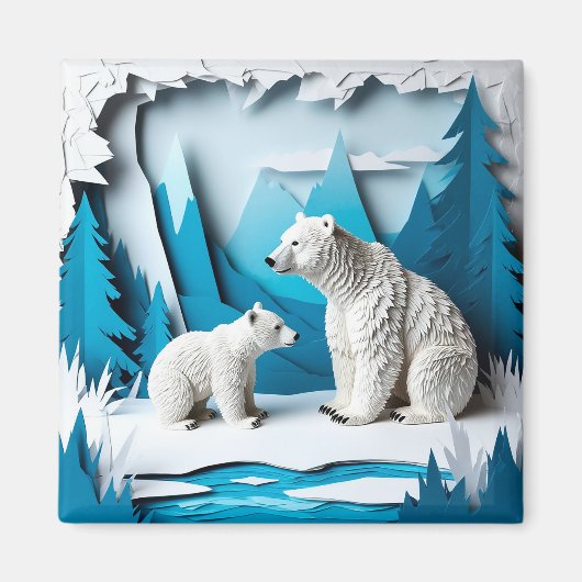 Polar Bears Papercraft Scene in Blue Arctic Forest Magnet (Vorne)