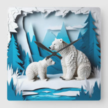 Polar Bears Papercraft Scene in Blue Arctic Forest