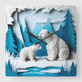 Polar Bears Papercraft Scene in Blue Arctic Forest Quadratische Wanduhr