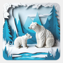 Polar Bears Papercraft Scene in Blue Arctic Forest Quadratischer Aufkleber