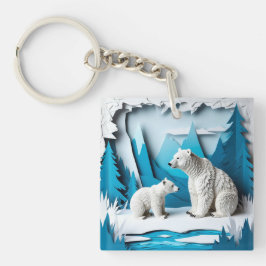 Polar Bears Papercraft Scene in Blue Arctic Forest Schlüsselanhänger