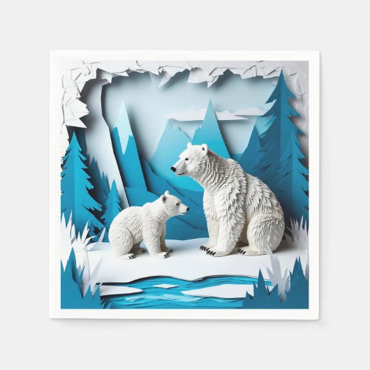 Polar Bears Papercraft Scene in Blue Arctic Forest Serviette (Vorderseite)