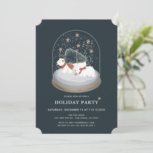 Polar Bears Snow Globe Navy Blue Holiday Party Einladung (Stehend Vorderseite)