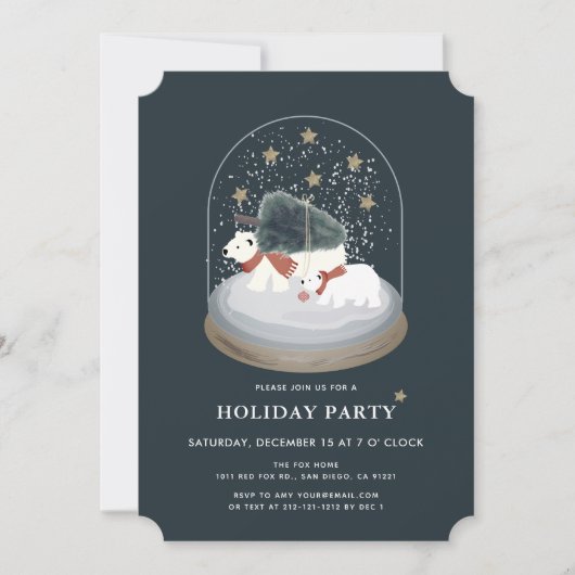 Polar Bears Snow Globe Navy Blue Holiday Party Einladung (Vorderseite)