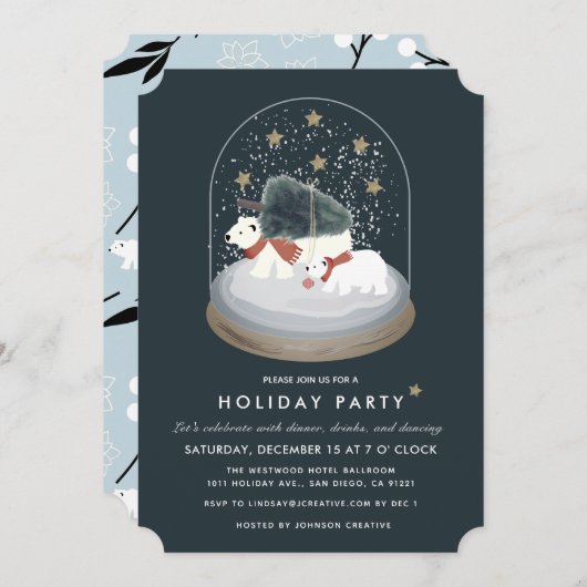 Polar Bears Snow Globe Navy Business Holiday Party Einladung (Vorne/Hinten)