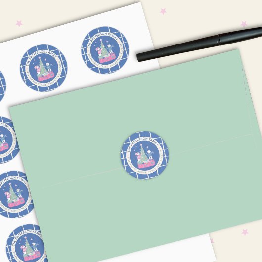 Polar Bears und Christmas Tree Blue Umschlag Aufkl Runder Aufkleber