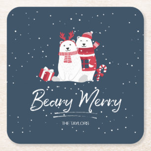 Polar Beary Merry Christmas ID851 Rechteckiger Pappuntersetzer