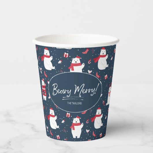 Polar Beary Merry Christmas Pattern ID851 Pappbecher (Vorderseite)