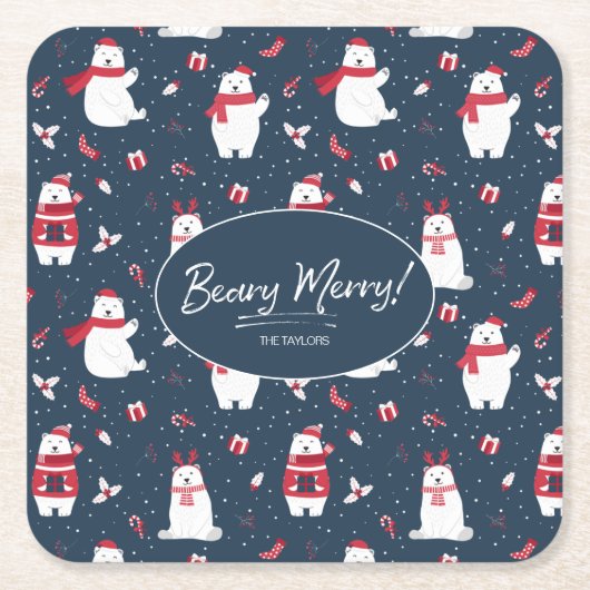 Polar Beary Merry Christmas Pattern ID851 Rechteckiger Pappuntersetzer (Vorderseite)