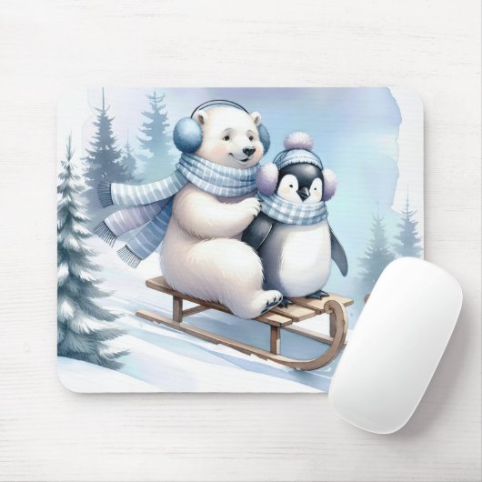 Polar und Pinguin auf Schlitten Mousepad (Mit Mouse)