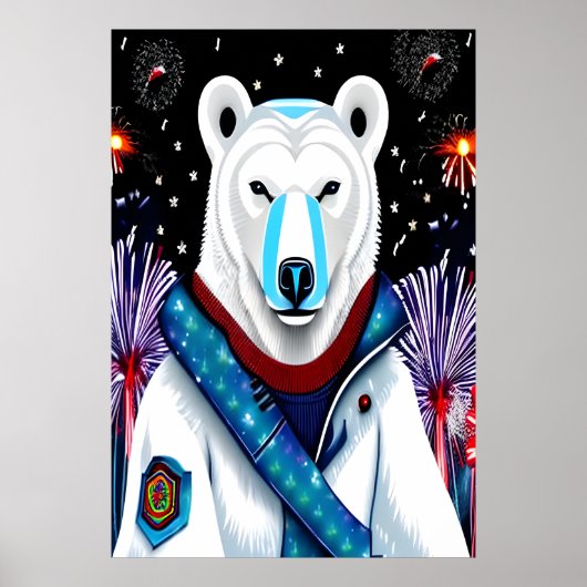Polarbär in Uniform und Feuerwerk | Art der AI Poster (Vorne)