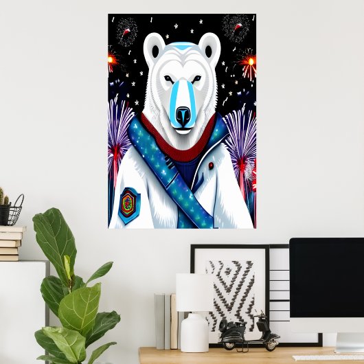 Polarbär in Uniform und Feuerwerk | Art der AI Poster (Heimbüro)