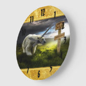 Polarbär mit Blick auf das nordpolnische Holzschil Große Wanduhr (Winkel)