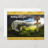 Polarbär mit Blick auf das nordpolnische Holzschil Postkarte (Vorne/Hinten)