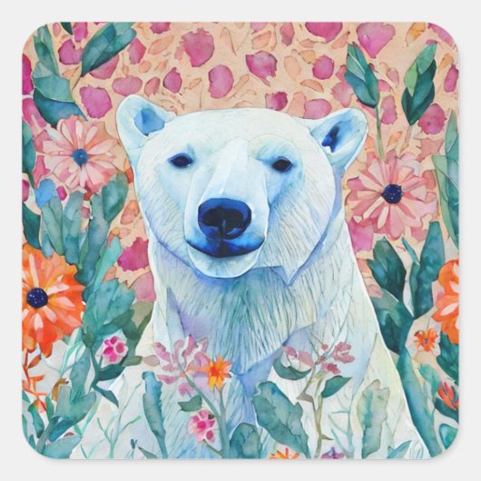 PolarBear & Blume Quadratischer Aufkleber (Vorderseite)