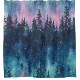 Polarlicht Nacht Himmel Kiefernwald Leuchten Duschvorhang
