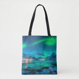 Polarlicht über der Meeresküste, schneebedeckter B Tasche