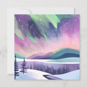 Polarlichter Farbige Winternacht   Aquarell Karte