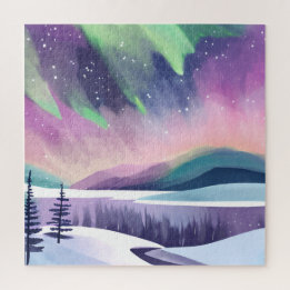Polarlichter Farbige Winternacht | Aquarell Puzzle