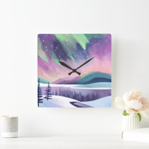 Polarlichter Farbige Winternacht Aquarell Quadratische Wanduhr
